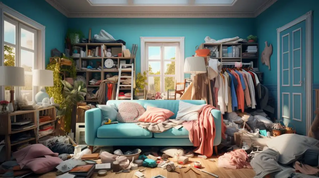 A person decluttering their home, organizing and sorting items.