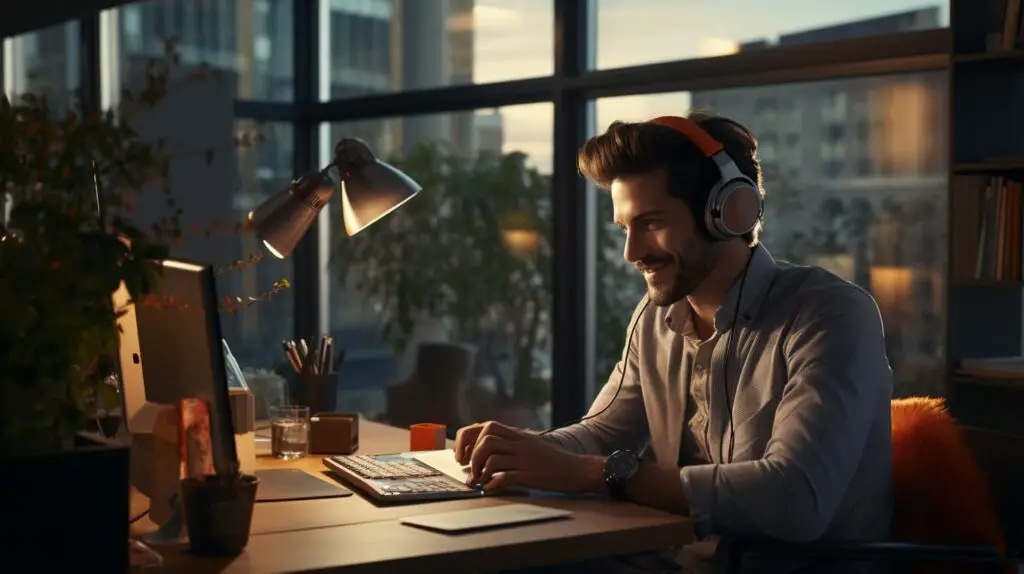 An image depicting a person using a headset and making calls in a home office setting.