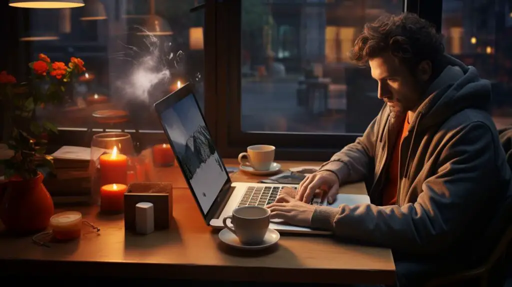 Image depicting a person working from home, showing a desk, laptop, and other office supplies.