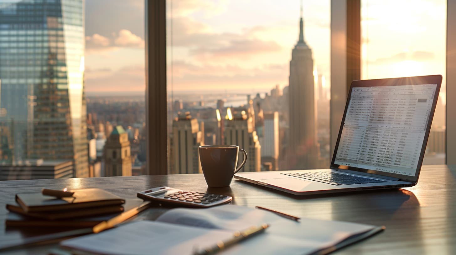 a hyper realistic photo of a sleek modern office desk with a laptop displaying a spreadsheet filled with financial data, a cup of coffee, a stack of financial reports, and a calculator. The desk should be surrounded by a panoramic view of a bustling city skyline with skyscrapers in the background. The image should convey a sense of professionalism, precision, and wealth, highlighting the concept of Per Share Profits and the magic of Dividend Per Share.