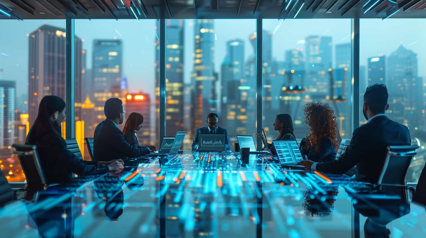 an image of a diverse group of people sitting around a large conference table, each person intensely focused on a laptop or tablet displaying financial charts and graphs. The room is filled with natural light, highlighting the sleek modern furniture and state-of-the-art technology. In the background, a panoramic view of a bustling city skyline can be seen through floor-to-ceiling windows. The participants are dressed in professional attire, exuding confidence and expertise in the world of finance. The image captures the essence of a high-powered meeting where important decisions are being made to maximize returns through understanding dividend yield essentials.
