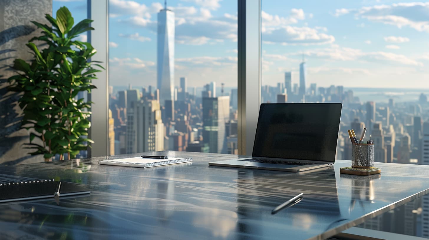Imagine a stunningly detailed photo of a modern, sleek office desk with a laptop, notepad, and pen neatly arranged on top. The desk is bathed in natural light, casting soft shadows on the polished surface. In the background, a large window reveals a panoramic view of a bustling city skyline. The scene is so realistic, you can almost feel the cool breeze coming through the window and hear the faint hum of city life below. This hyper-realistic image perfectly captures the essence of unlocking the power of dividends for passive income