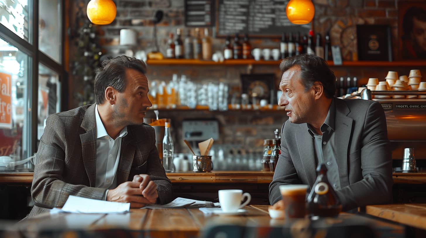 photo of two men in suits talking to each other in a coffee shop about reinvesting dividends