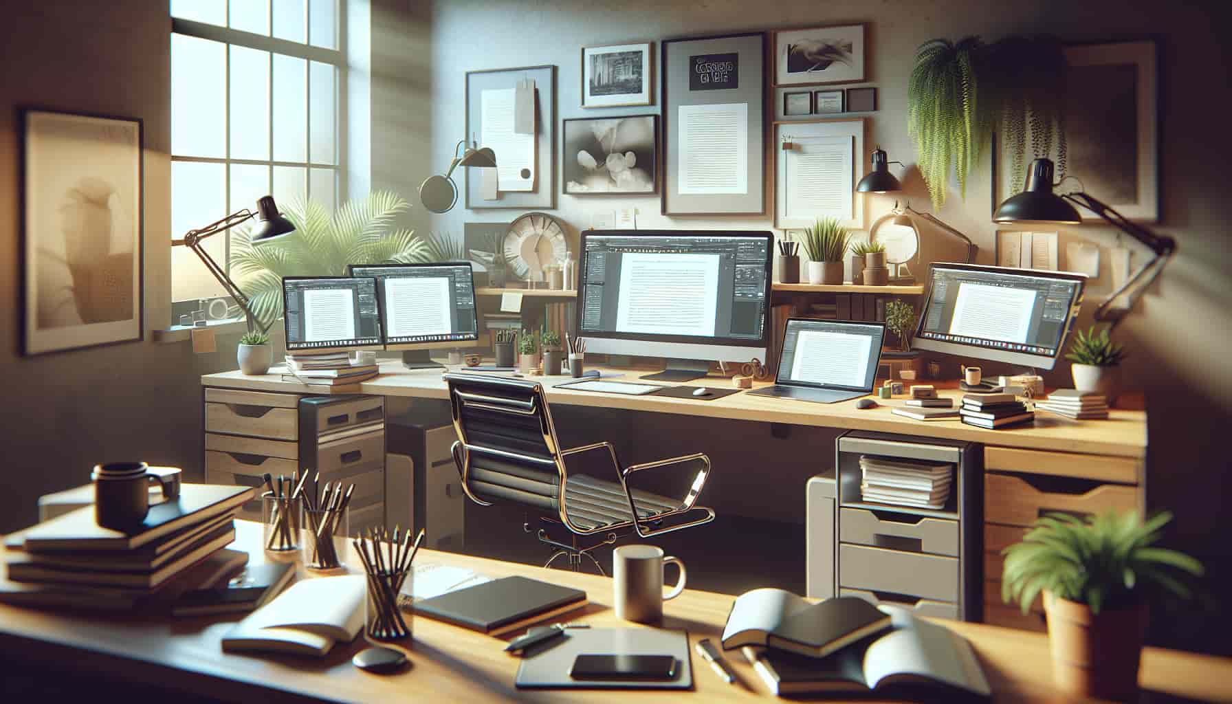 photo showcasing a busy freelancer's home office setup.