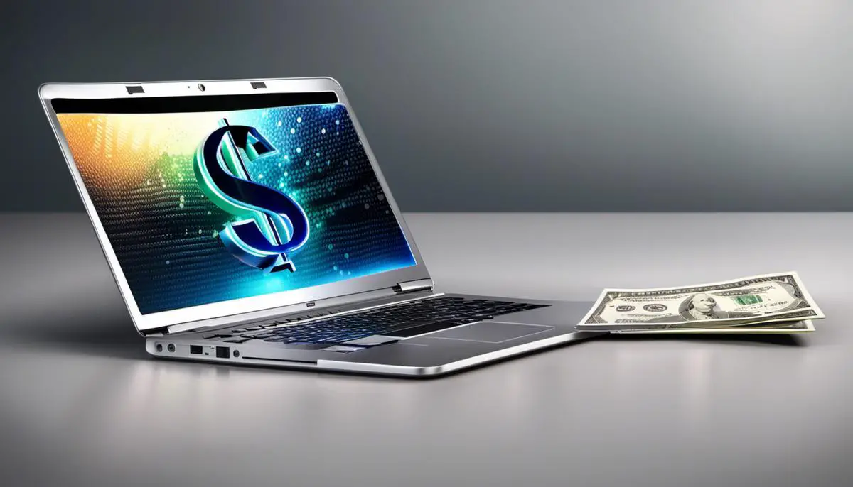 A laptop with a dollar sign image illustrating the concept of virtual assistant jobs and compensation.