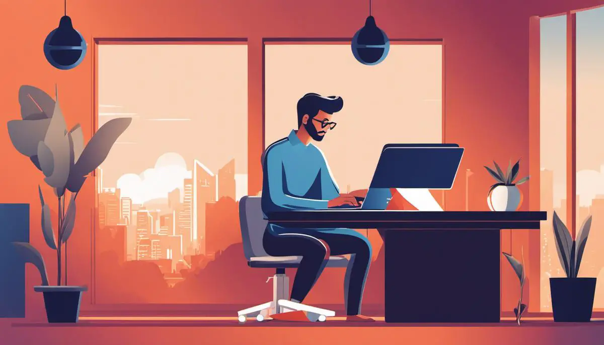 Illustration of a person working on a laptop in a relaxed setting, symbolizing the flexibility and freedom of remote SEO specialist jobs