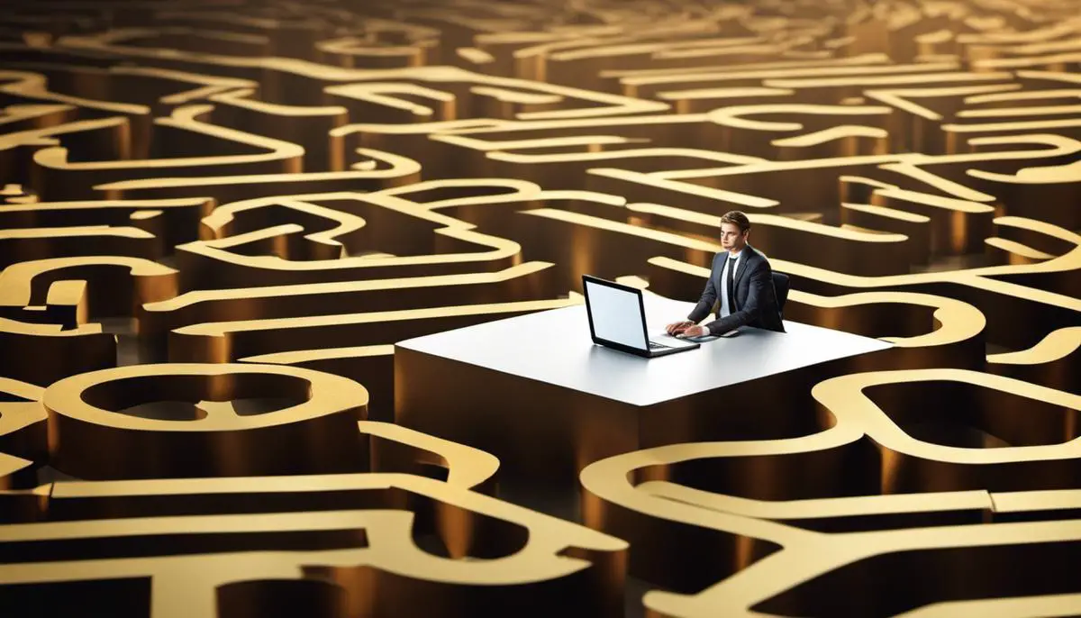 An image showing the benefits and challenges of online affiliate marketing, with a person sitting at a laptop and dollar signs representing income potential on one side, and obstacles like a maze and competitors on the other side.