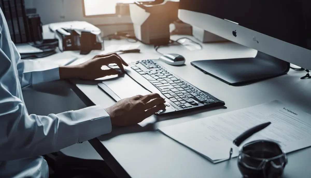 Image featuring a person working on medical coding at a desk with a computer