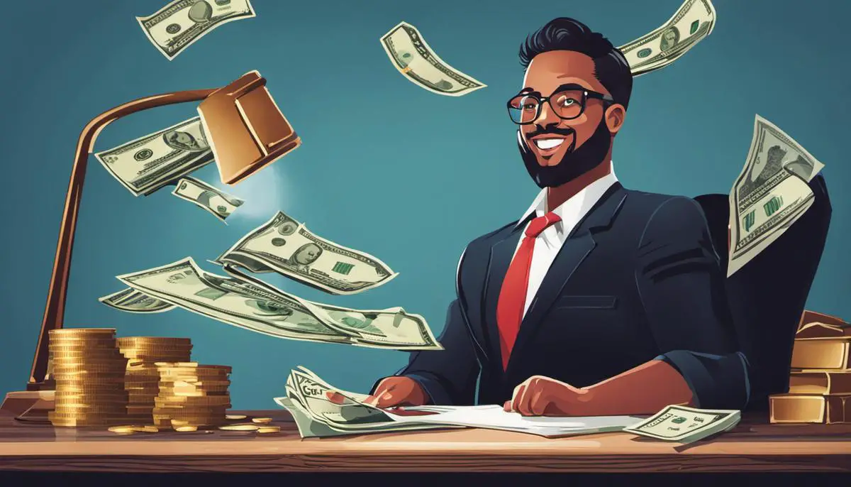 Illustration of a freelancer sitting at a desk, with money coming in from dividend stocks, symbolizing financial independence and security.