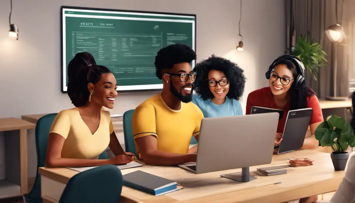 Image depicting a freelancer teaching an online course to a diverse group of students