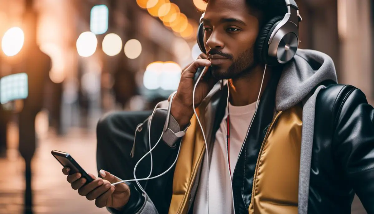 A person wearing headphones and holding a smartphone, representing the concept of monetizing a podcast through membership models.