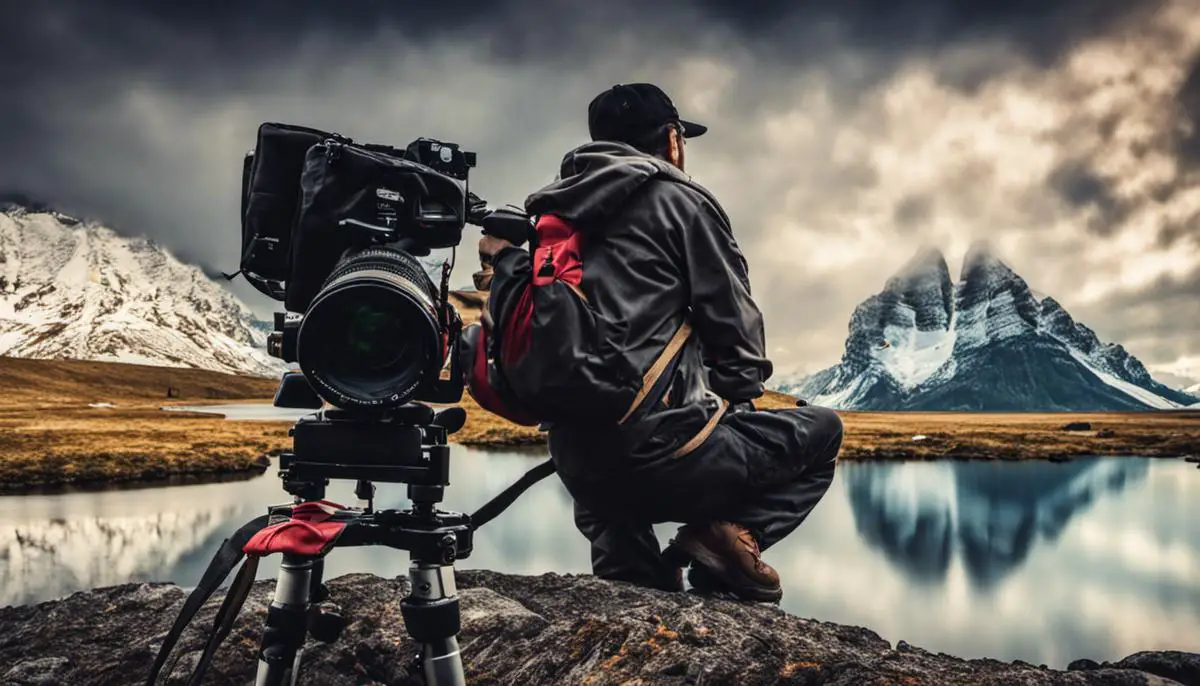 A photographer holding a camera, capturing a beautiful landscape.