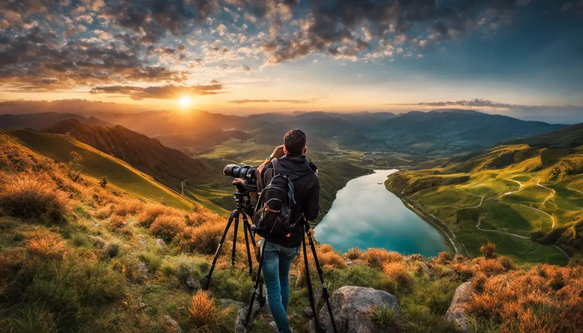 An image of a photographer capturing a beautiful landscape with a DSLR camera, showcasing the essentials of stock photography.
