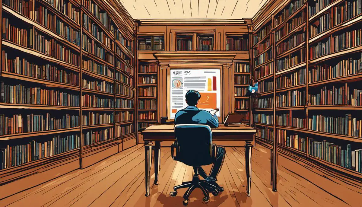Illustration of a person learning about SEO in a library.