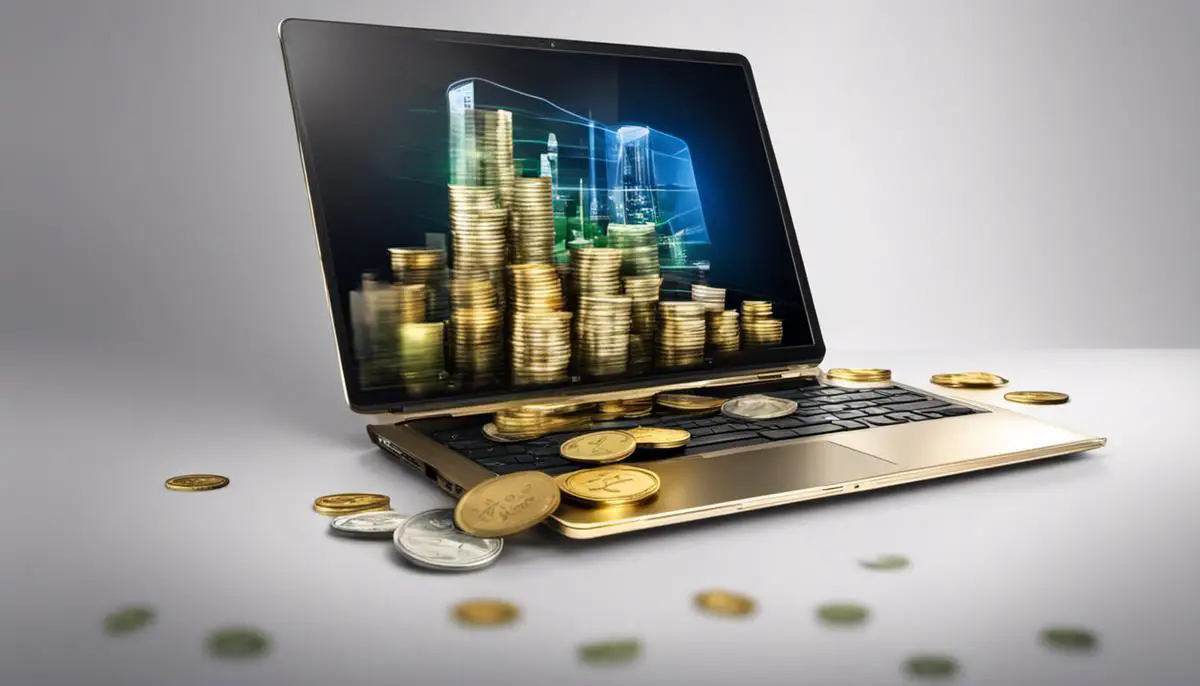 Image depicting a laptop with money icons, representing passive income strategies for freelancers like affiliate marketing for freelance developers.