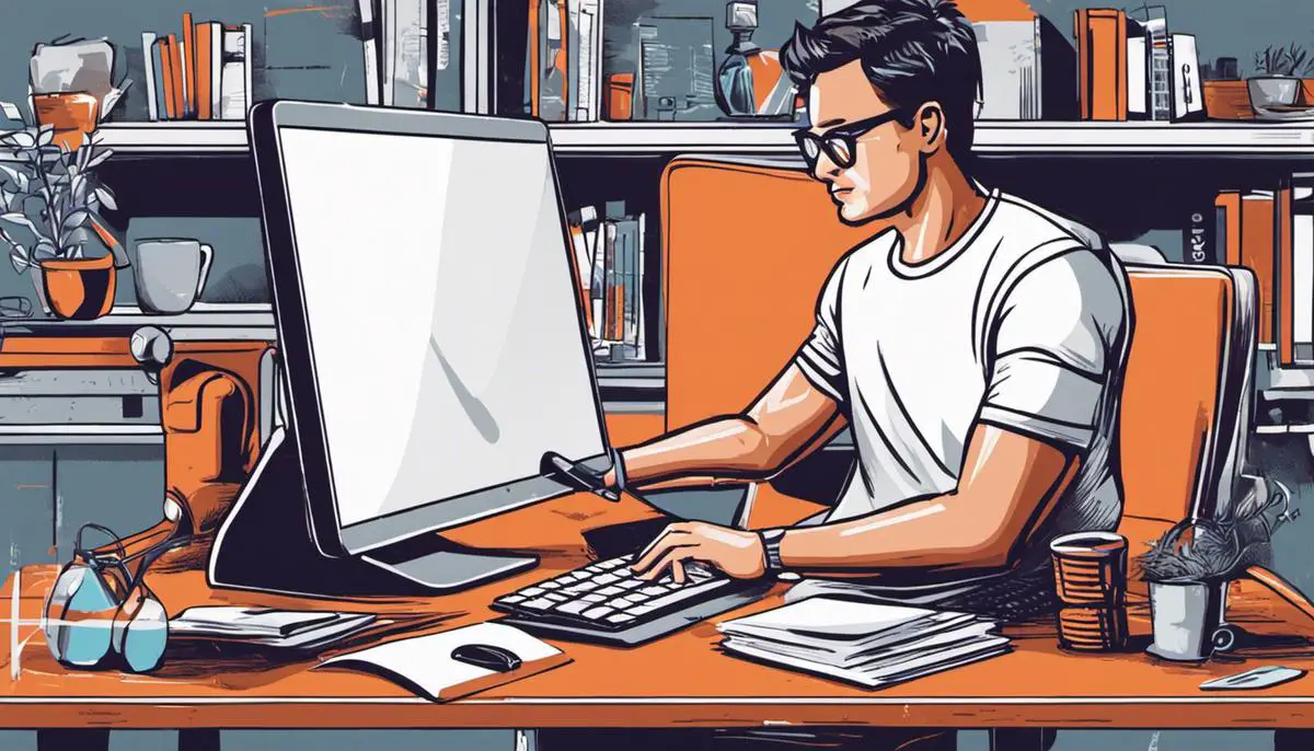 Illustration of a person designing a t-shirt on a computer, representing the concept of print on demand for freelancers.