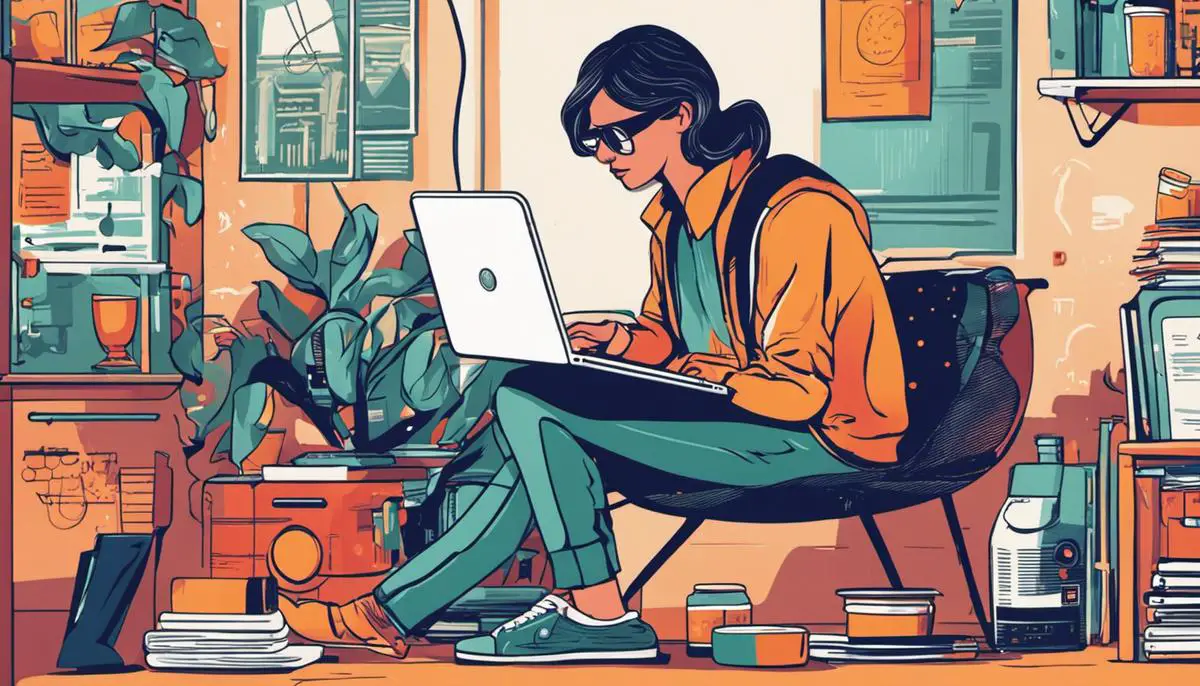 Illustration of a freelancer working on a laptop surrounded by various print-on-demand products, showcasing the potential for growth and innovation in the industry.