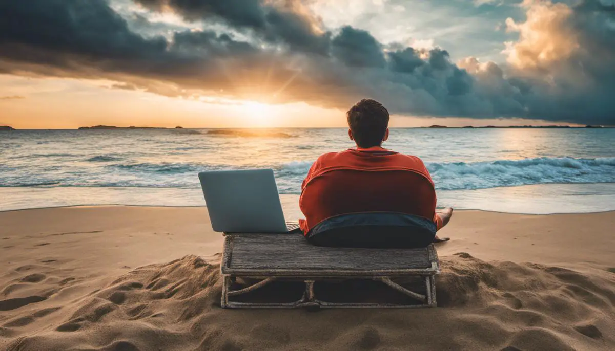 A person relaxing on a beach with a laptop, symbolizing passive income with YouTube.