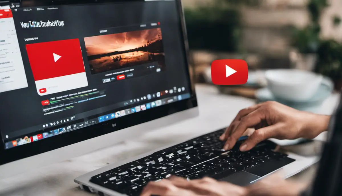 An image showing a person setting up their YouTube channel, with a computer screen displaying the YouTube website and the person's hands on the keyboard.