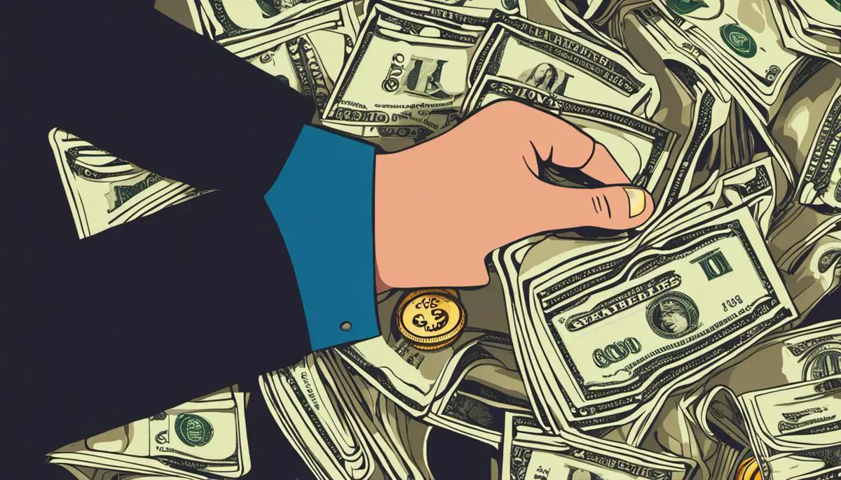 Illustration depicting the financial impact of royalties and licensing on freelancers. The image shows money flowing into a freelancer's hand.