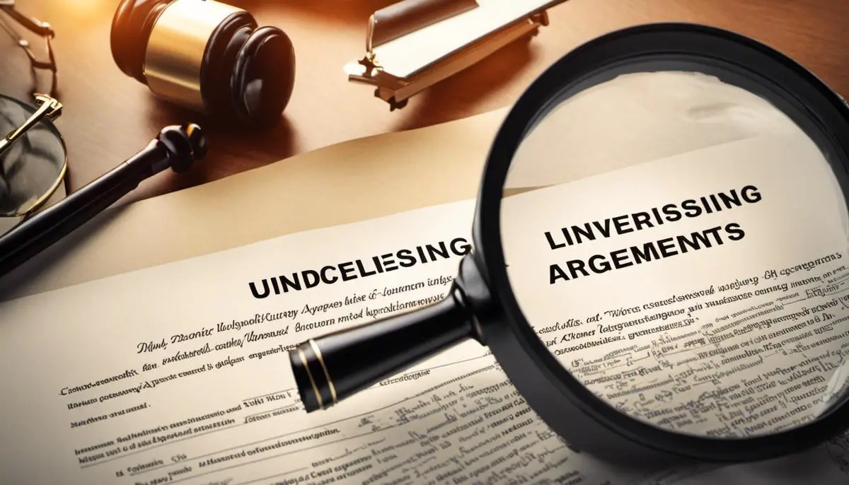 A document with the title 'Understanding Licensing Agreements' written in big bold letters, with a magnifying glass over it.