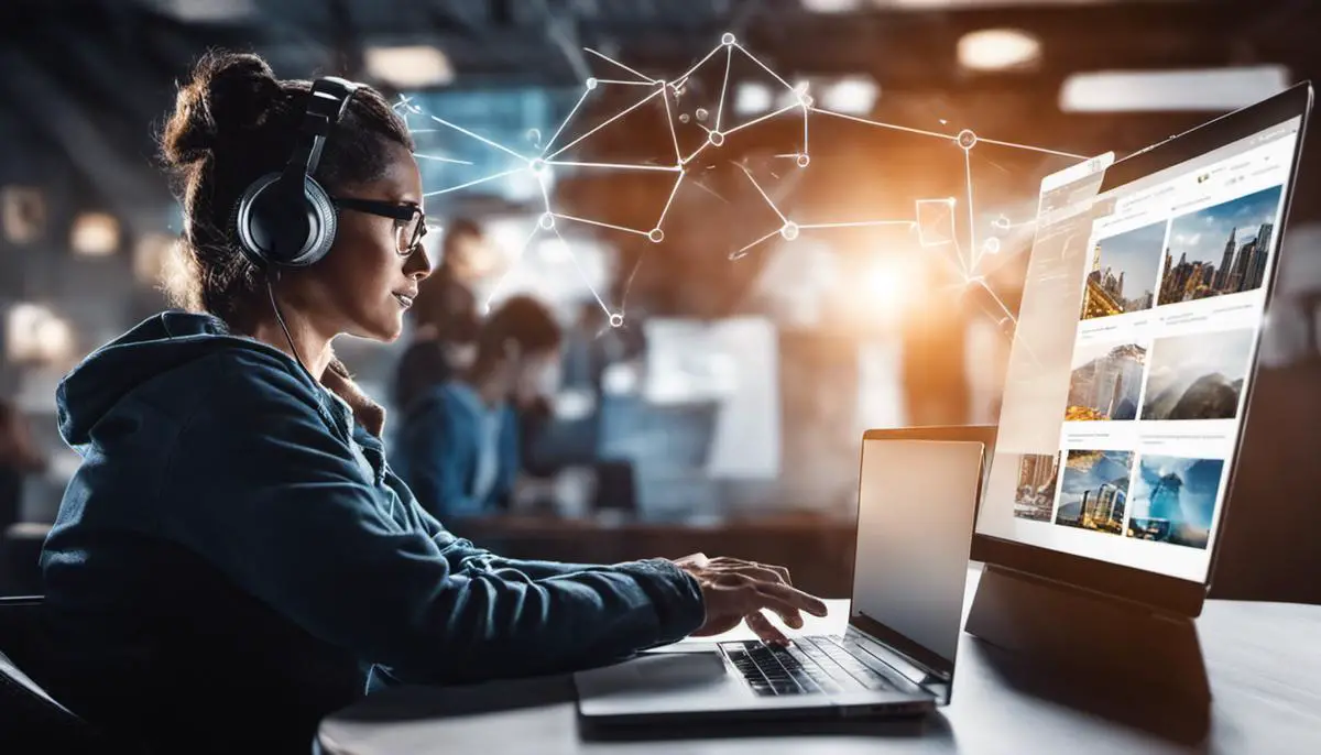 A person working remotely on a laptop with a team collaboration graphic in the background.