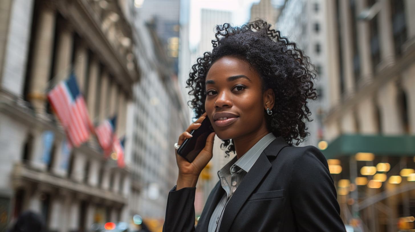 photo of a black attractive woman in her 40's wearing a suit standing on a street corner in front of the NYSE talking on a cell phone