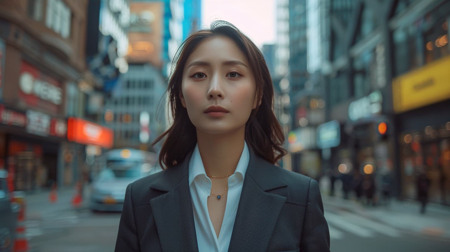 photo of an asian woman in her 40's wearing a suit standing on a street corner with downtown buildings all around her who is a dividend investor
