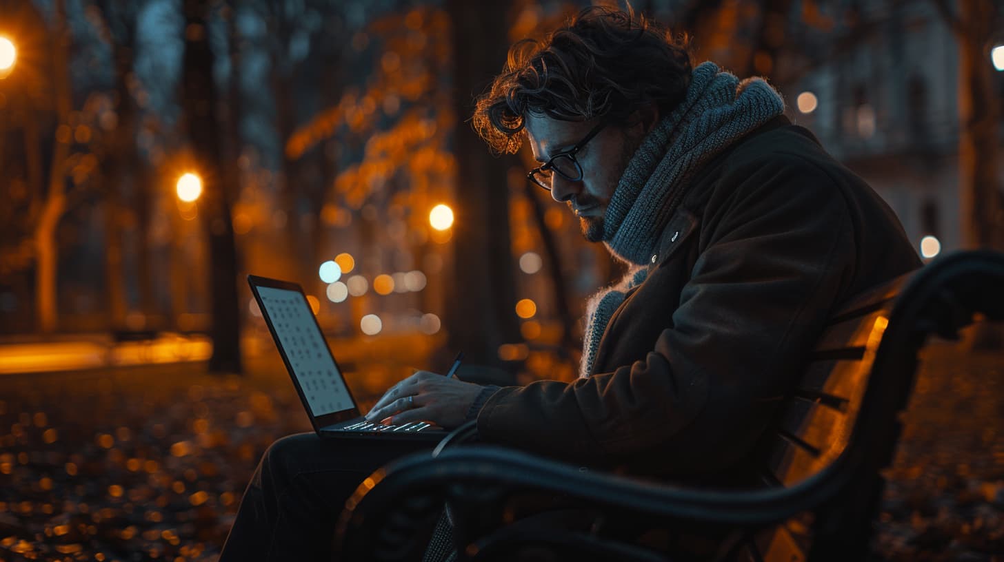 ghostwriter sitting in a park with his laptop writing