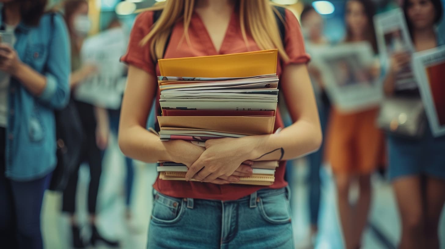 a close-up shot of a writer standing in a newsroom with reporters holding a stack of magazines in their hands.