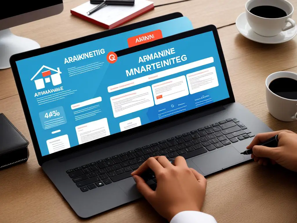 A diagram showing different aspects of affiliate marketing, such as tracking tools, analyzing website data, optimizing strategies, and a successful business.