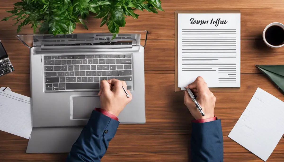 Image of a person writing a cover letter at a desk with a laptop and documents