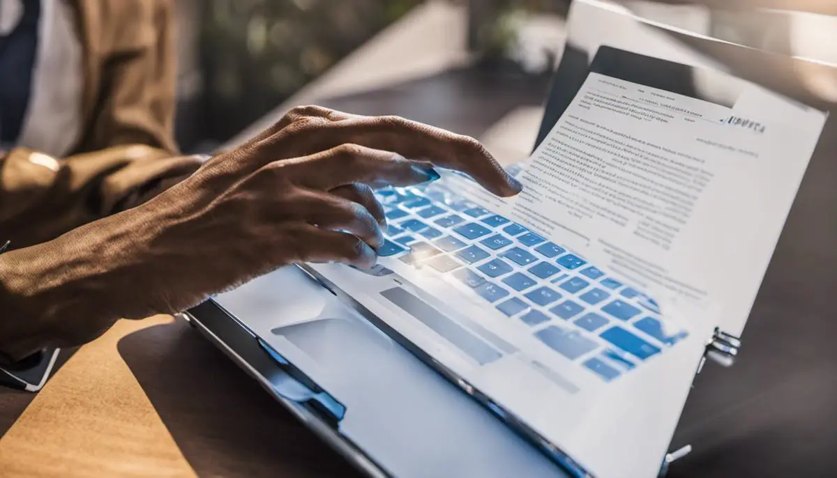 An image of a person typing on a laptop with a cover letter displayed on the screen.