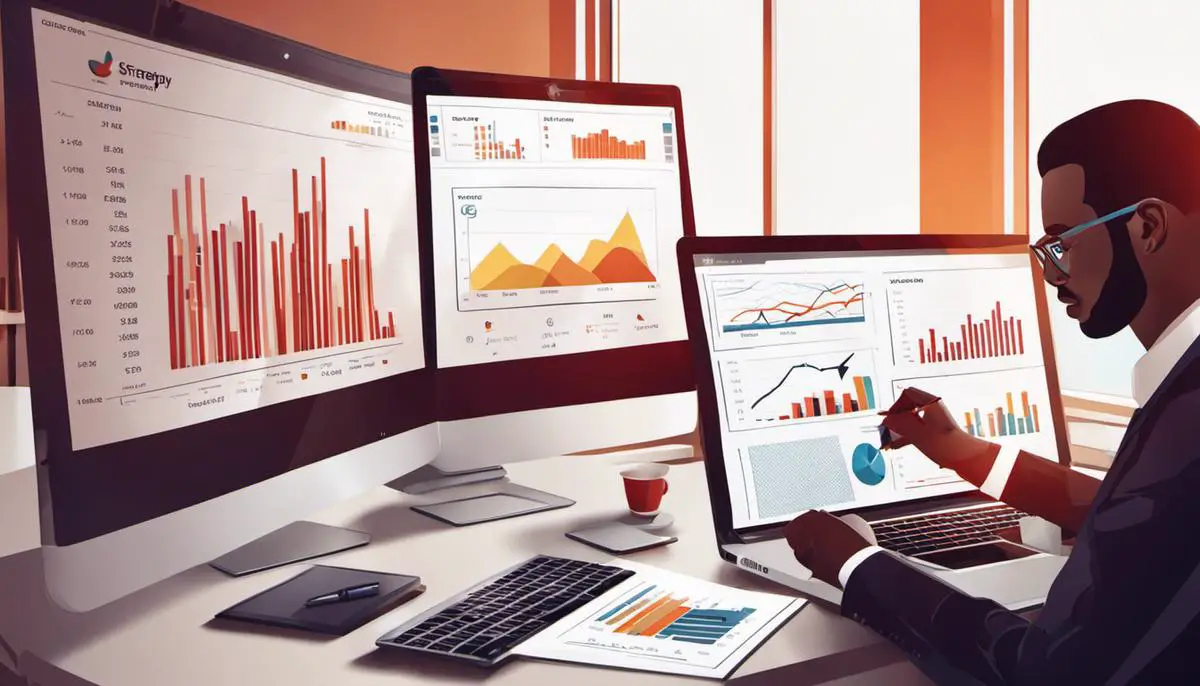 Illustration of a person analyzing graphs and charts, representing the process of digital product strategy.