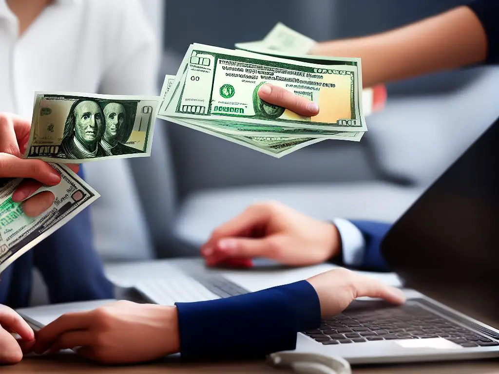 Image depicting a person working on a laptop with stacks of money, symbolizing earning money from online jobs.
