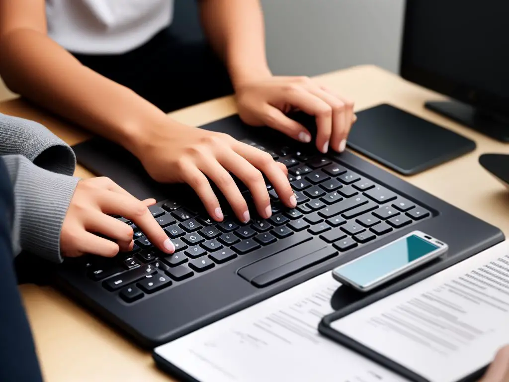 Image of a person typing on a keyboard with a stack of money next to them