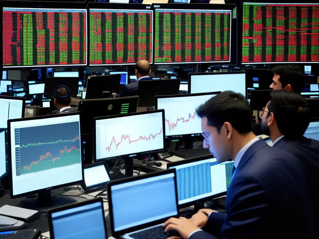 An image of a person making quick decisions while surrounded by stock market charts and graphs.