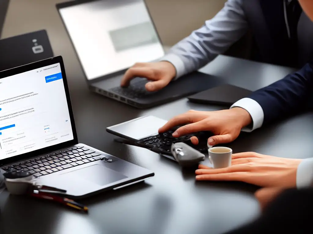 A person working on a laptop with a dollar sign on the screen, with other business icons in the background, describing monetizing online for a visually impaired audience