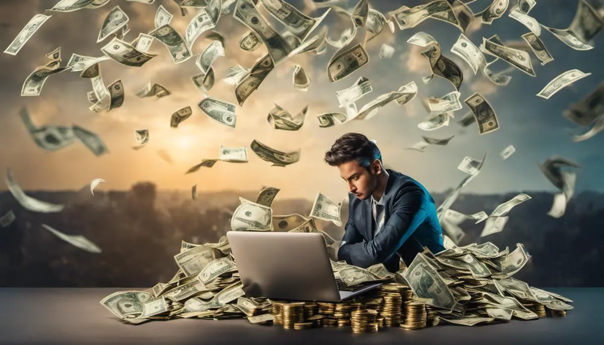 Image depicting a person working on a laptop with money signs floating around, representing passive income through freelance digital products