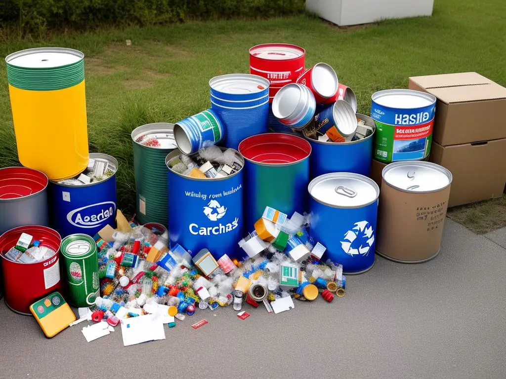 A pile of recyclable materials, including cans, cardboard, and electronics, symbolizing the potential for earning money through recycling.