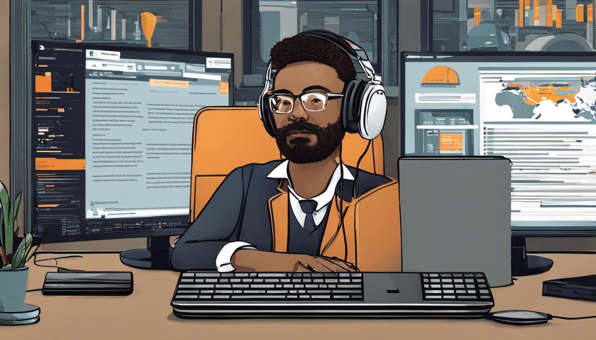 Image depicting a person working remotely providing IT support to a client with a laptop and a headset.