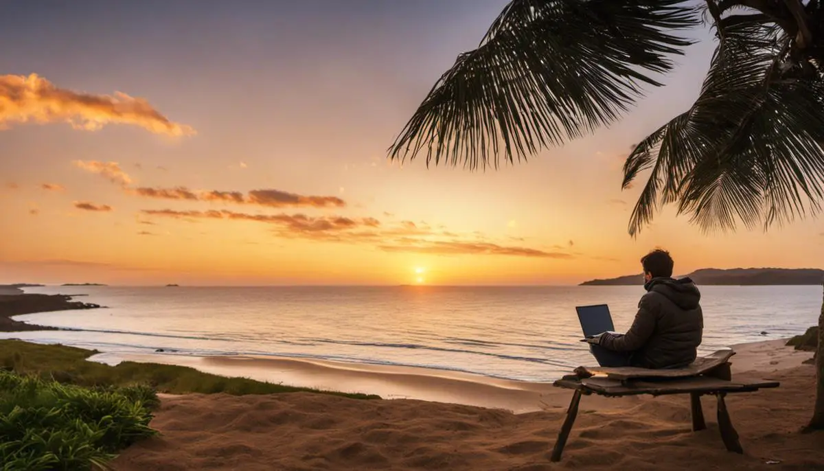 Image description: A person working on a laptop in a remote location.