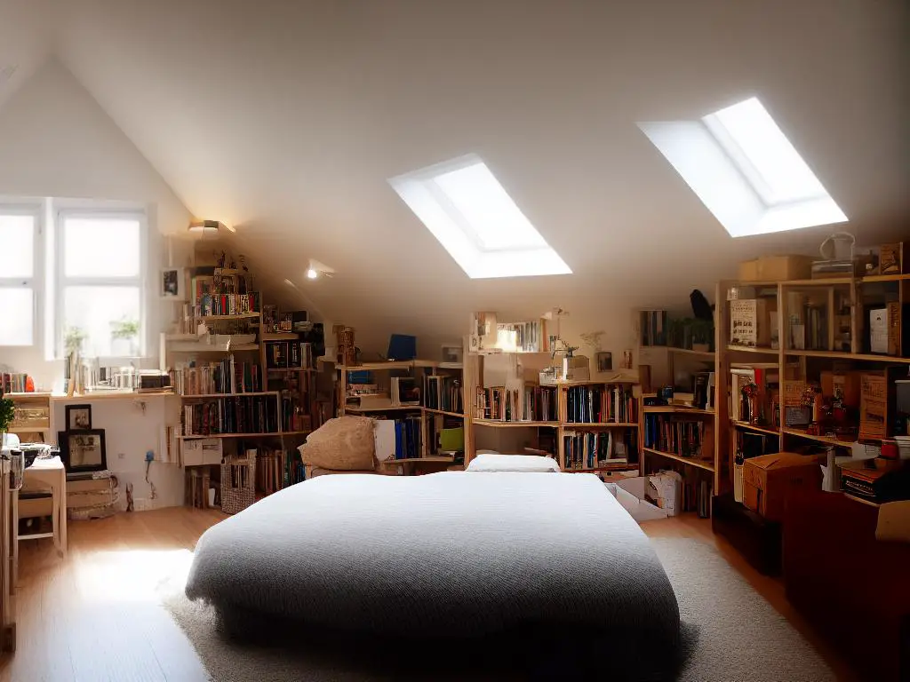 A cluttered attic with boxes stacked from floor to ceiling, with light shining in through a small window